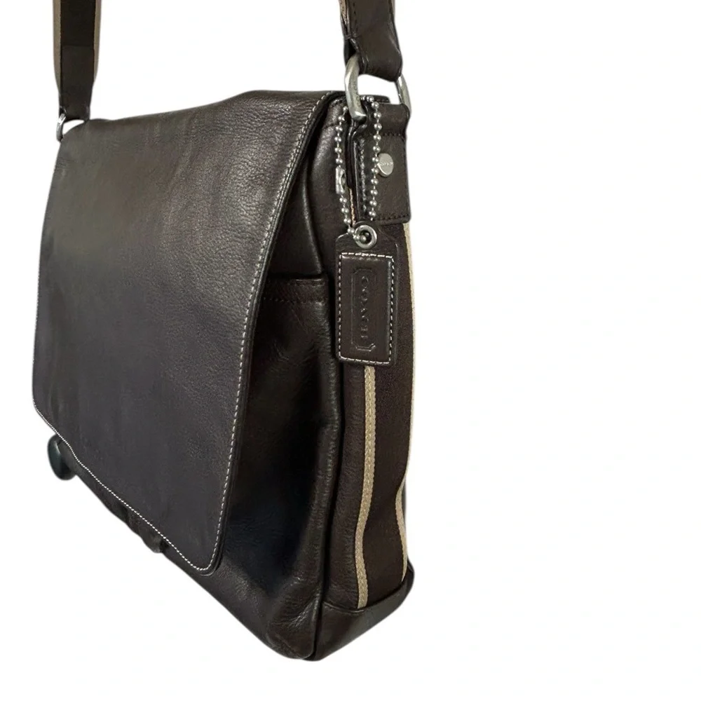 Coach Men's Heritage Web  Brown Leather Messenger Bag with Adjustable Strap